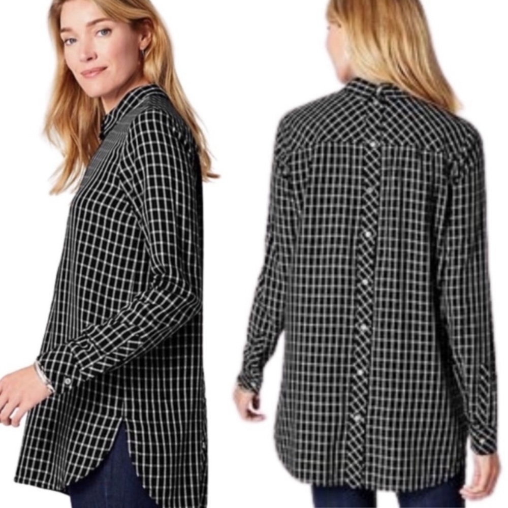 J. Jill Plaid Button Back Tunic Blouse Longline Windowpane Black/White Sz Small